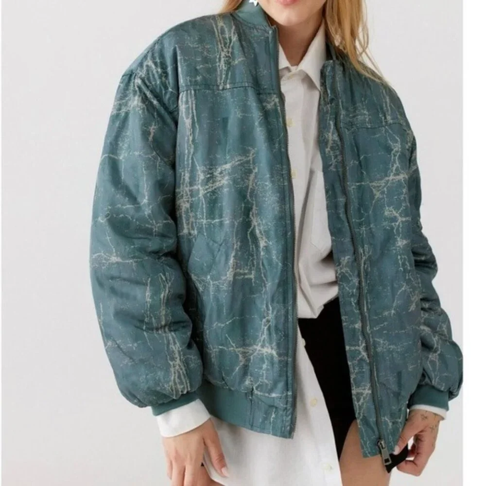 BDG Light Green Marble Print Puffer Bomber Jacket Size S - Picture 1 of 16